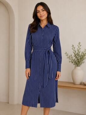 J MCLAUGHLIN Cotton Striped Button Up Shirt Dress Midi Long Sleeve Tied XS